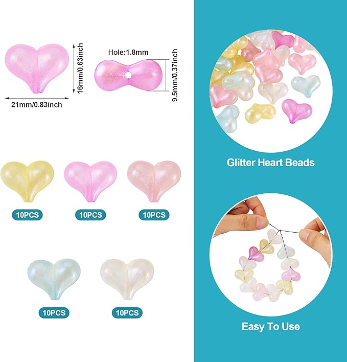 FASHEWELRY 50Pcs Rainbow Acrylic Heart Beads Glitter Heart Pastel Bead Candy Color Conversation Pony Beading Bulk for Valentine Day Jewelry Making Bracelet Keychains