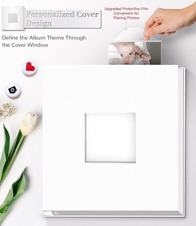 Photo Album Self Adhesive Scrapbook Album for 3x5 4x6 5x7 8x10 Pictures,120 Pages Linen Cover with Display Window DIY Photo Book,Ideal Gifts for Family Travel Wedding Baby