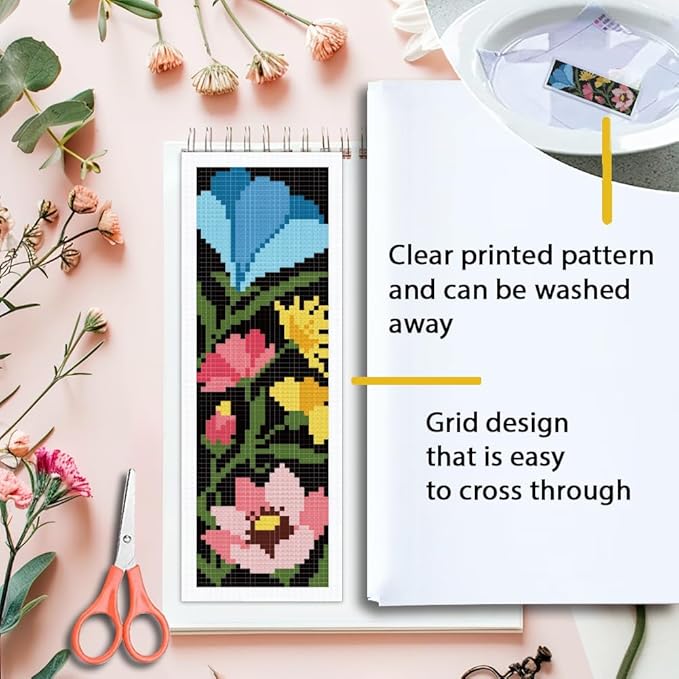 ORIGACH 6 Set Dark Background Flower Cross Stitch Bookmark Kit for Beginners Stamped Embroidery Kit Include Backing Felt and Instruction Beginner Cross Stitch Kits for Adults, Book Lovers