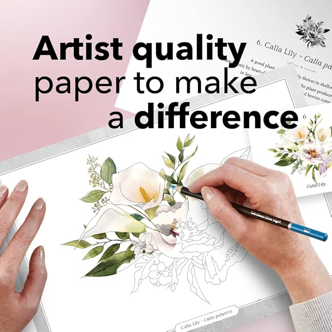 Castle Arts Flowers Colouring Book | 36 Mindfulness-Inspiring Blooms Curated by in-House Artists with Colour Reference Guide | No Show-Thru Artist Grade Paper | Frameable Landscape A4 Size