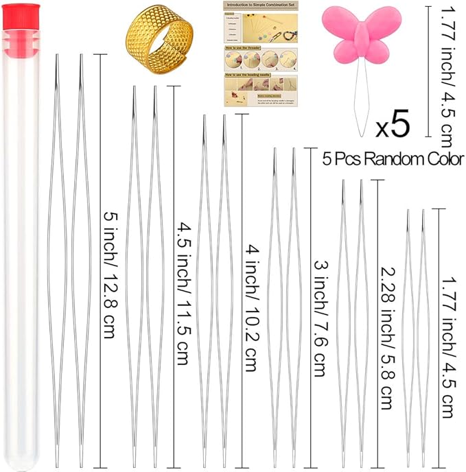 12 Pieces Beading Needles, 6 Size Collapsible Eye Needles for Beading with Needle Bottle, 5 Pcs Bead Needle Threader, Scissors and Thimble for Jewelry Making