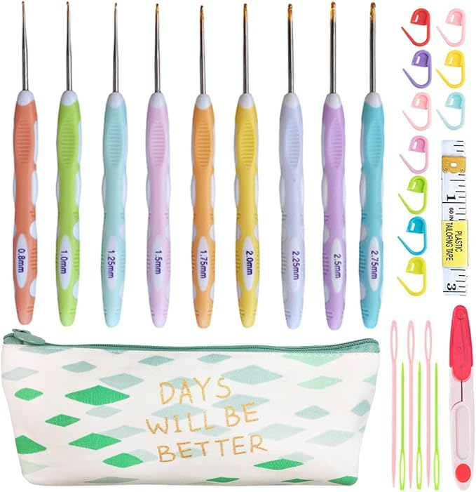 Latest Set of 27 PCS Small Size Crochet Hook Set with Case,Ergonomic Handle Crochet Hook Needles for Arthritic Hands, Thread Crochet Steel Lace Hooks Size 0.8mm to 2.75mm