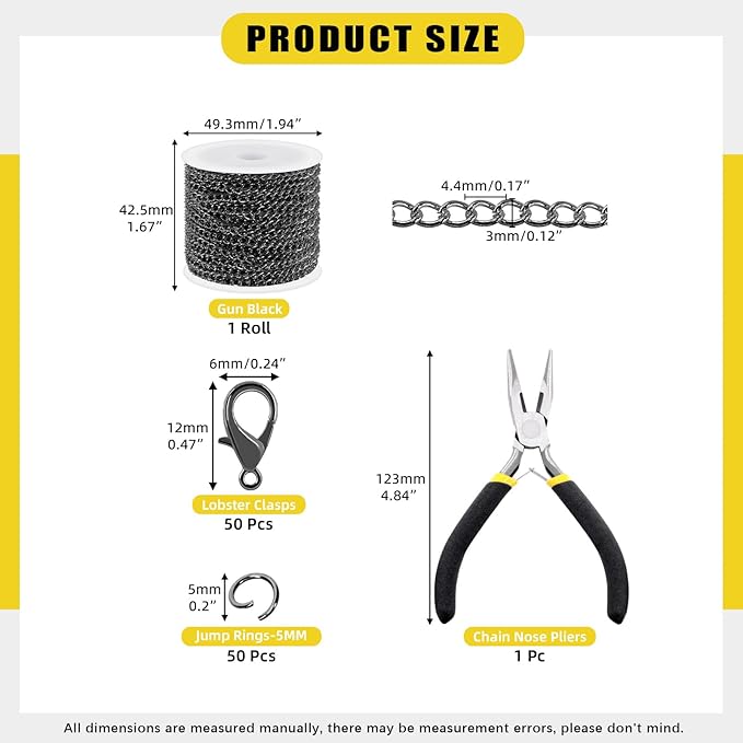 102Pcs Jewelry Making Kit, 10 Yards Necklace Chains with 50Pcs Open Jump Rings, 50Pcs Lobster Clasps, Chain Nose Pliers for DIY Necklace Bracelet Jewelry Making - Gun Black