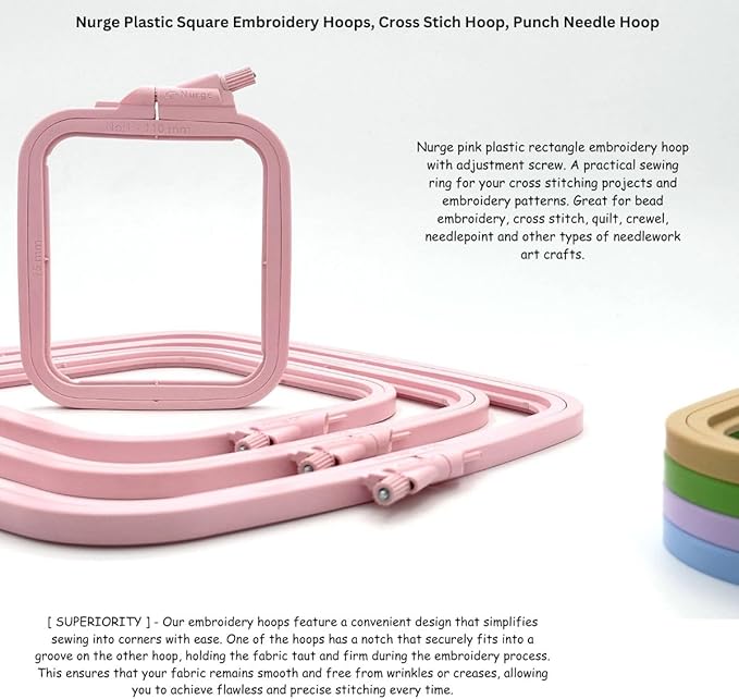 nurge square embroidery hoop - plastic cross stitch frame for needlepoint & embroidery - adjustable craft hoop - pink - no:4 (large)