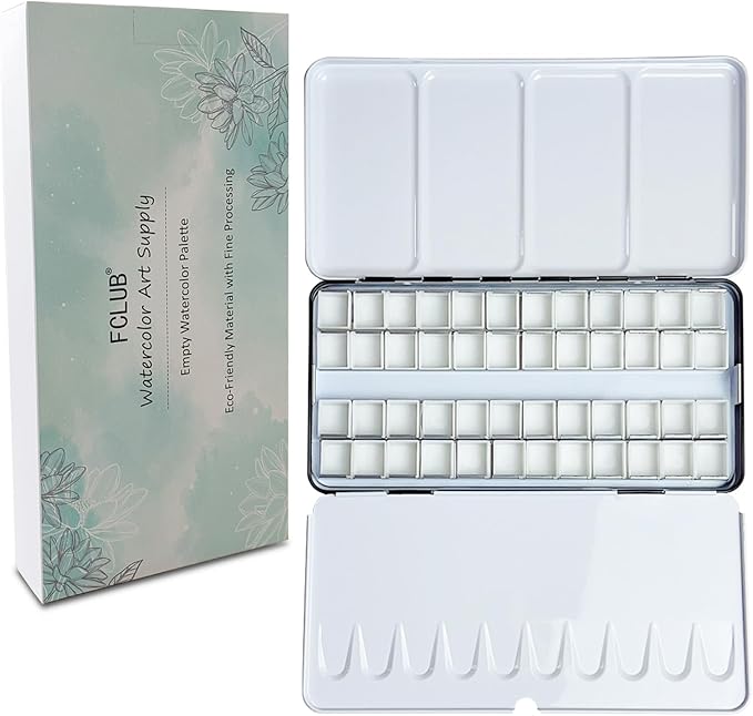 FCLUB Empty Watercolor Palette Paint Case - Large Watercolor Metal Tin with 48Pcs Half Pans
