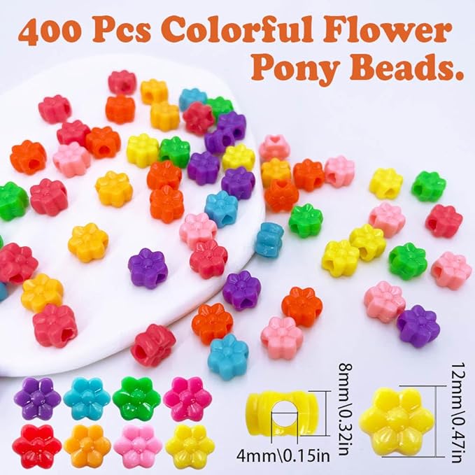MIIIM 400 Pcs Colorful Flower Pony Beads Shapes for Friendship Bracelet, Large Hole Kandi Beads for Hair Braids, Jewelry Making (Multi-Colored)
