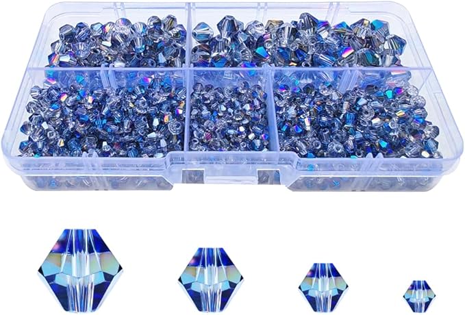 Half Clear Blue Bicone Glass Beads for Jewelry Making, Faceted Crytal Spacer Beads for Bracelet Necklace Earring (3mm 4mm 6mm 8mm Mixed Sizes, 1040pcs)
