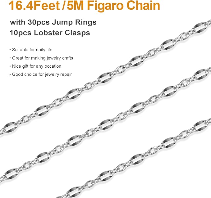 Kyutong 16.4 Feet Stainless Steel Cable Chain for Jewelry Making Thin Lip Links Chains Bulk with Connectors for Jewelry Crafts Supplies