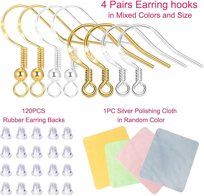 s925 sterling silver earring hooks - 8pcs/4 pairs hypoallergenic 18k gold plated ear wires fish hooks for jewelry making, jewelry findings parts with rubber earring backs stopper for diy jewelry
