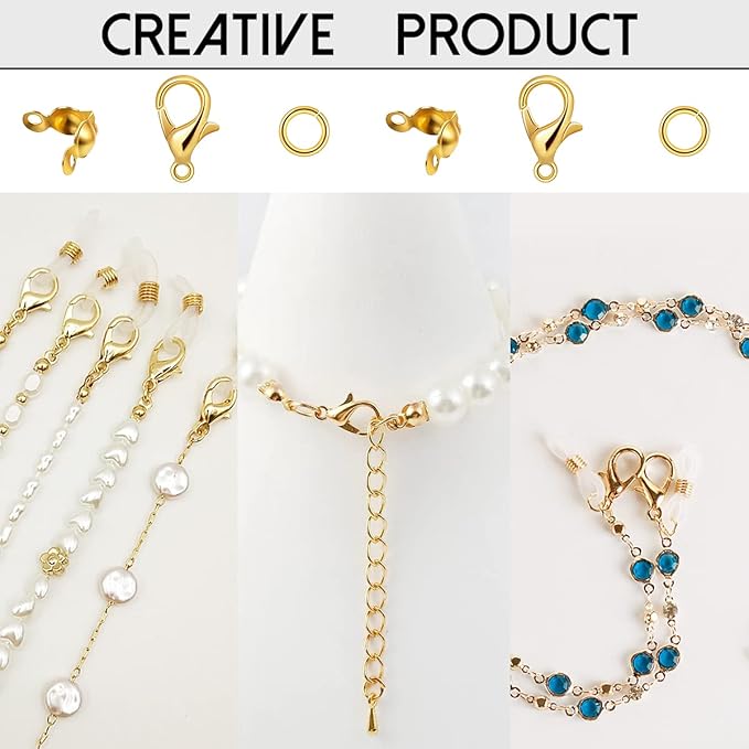 1250 Pieces Jewelry Making Accessories Set Includes 800 Pieces Open Jump Ring Connectors 300 Pieces Bead Tips Knot Covers and 150 Pieces Lobster Claw Clasps for DIY Jewelry Crafts Making (Gold)