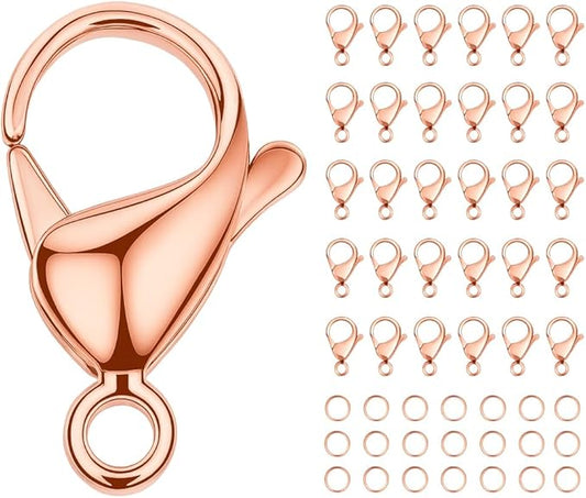 Mandala Crafts 17mm Rose Gold Color Stainless Steel Lobster Clasps for Jewelry Making - 25 PCs SS Lobster Claw Clasps with Jump Rings Jewelry Findings Kit for Necklaces Bracelets Charms Fasteners