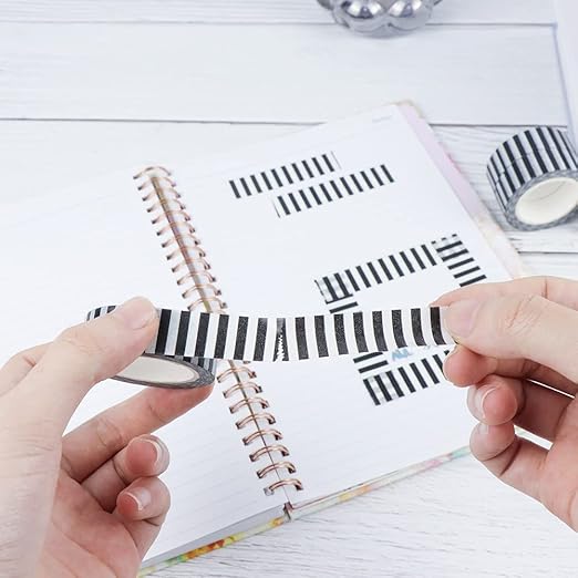 MEI YI TIAN 3pcs Black Stripe Washi Tape Set Labeling Decorative Paper Adhesive Masking Tapes for DIY Journal Decor Planners Arts Crafts Gift Box Wrapping Adesive Tape