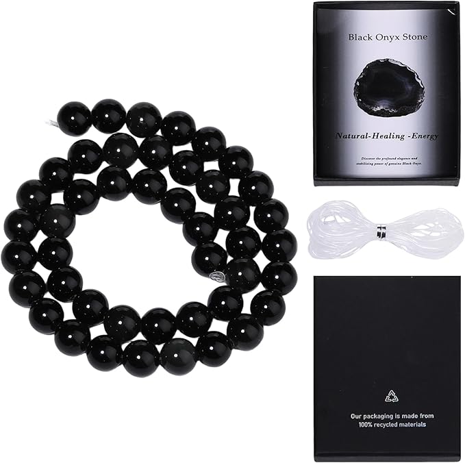 Song Xi 60pcs 6mm Natural Black Onyx Stone Beads for Jewelry Making, Gemstones Beads Bracelet for Necklace Earring Keychain, with Jewelry Box and Elastic for Christmas Wedding Birthday Gift