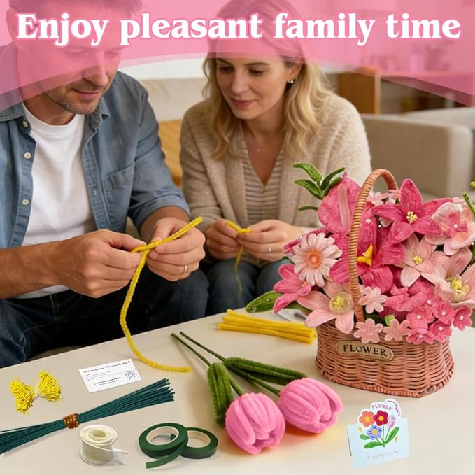985-Pieces Pink Floral Craft Kit with Pipe Cleaners, Flower Stems & Stamens - Complete DIY Flower Making Set for Art Projects, Party Decorations & Gift Wrapping