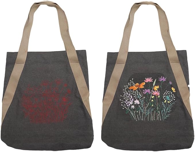 VWV-Whizzing Embroidery Canvas Tote Bag DIY Kit for Beginners, Complete with Pattern, Hoops, Color Threads, Tools & Detailed Instructions for Adults (15X16.5(in) Grey)