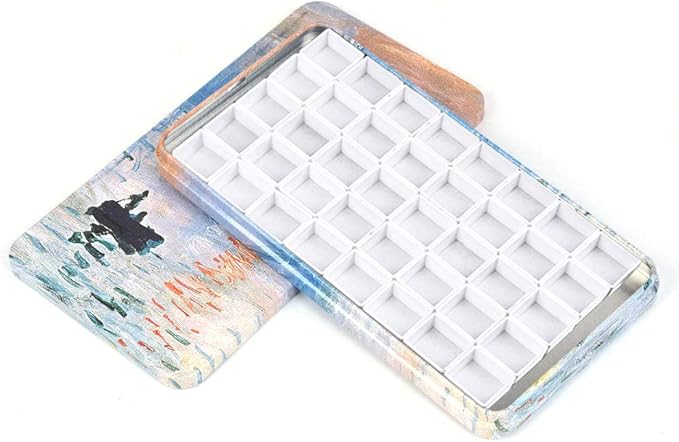 40Pcs Empty Half Pans with Magnetic Stripe Watercolor Paint Travel Tin Palette Case, Artist Paints Half Pan Kits for DIY Watercolor Oils or Acrylics Painting Art Drawing Sunrise, The Impression