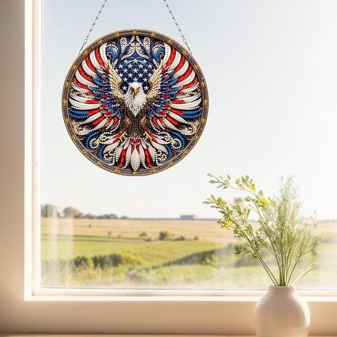 POETRYDRAW DIY Hanging Diamond Art Pendant Kit Eagle Independence Day, Special Crystal Diamonds Painting Ornament for Adults, 5D Diamond Art Suncatchers Double Sided Board Gem Painting Box Kit