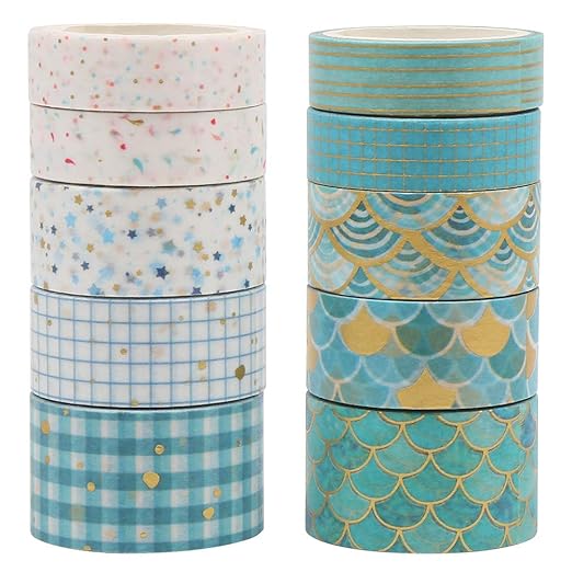 CCINEE 10 Rolls Washi Tape Set,Gold Foil Decorative Masking Tapes for Bullet Journal Planner Scrapbooking Craft Supply