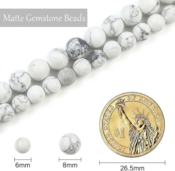 Stone Beads, 60pcs Matte White Howlite, 6mm Round Loose Beads for Jewelry Making, Bracelets, with Bag, String & Card