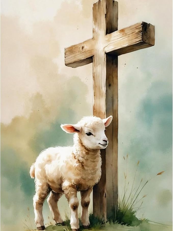 Camocin Diamond Art Kits for Adults Cross, 5D Religious Christian Diamond Painting Kits for Adults Beginners, DIY Sheep Full Round Dots Drill Gem Art Kit for Gift Home Wall Decor 12 x 16 Inch