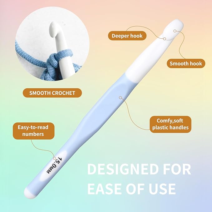 Froggod 4 Sizes Large Crochet Hooks Set, 8mm 10mm 12mm 15mm Crochet Hooks for Chunky Yarn, Long Ergonomic Crochet Needles with Rubber Handle