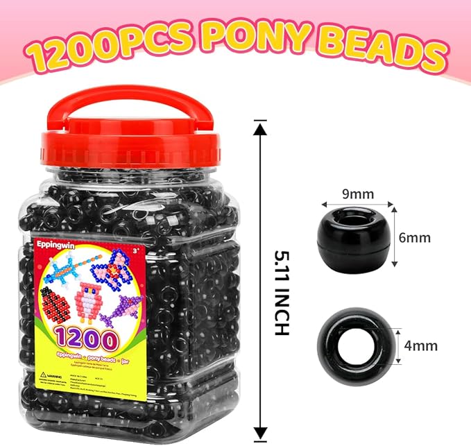 eppingwin 1200pcs pony beads for bracelets,6x9mm kandi beads for hair braids, easy storage pony bead for jewelry making (black)