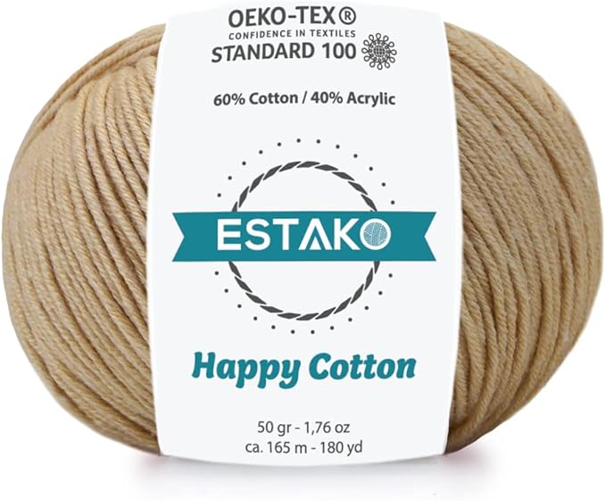 Estako Happy Cotton, 60% Cotton 40% Acrylic Yarn, Soft, Fine/Sport (2) for Crochet and Knitting 1.76 Oz (50g) / 180 Yrds (165m) (4160 - Beige)