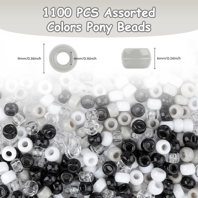 anpiwshjo pony beads bulk 1100 pcs, beads jewelry making, beads bracelets making, hair beads, bracelet beads, plastic beads crafts, hair beads braids girls(black, white & gray color)
