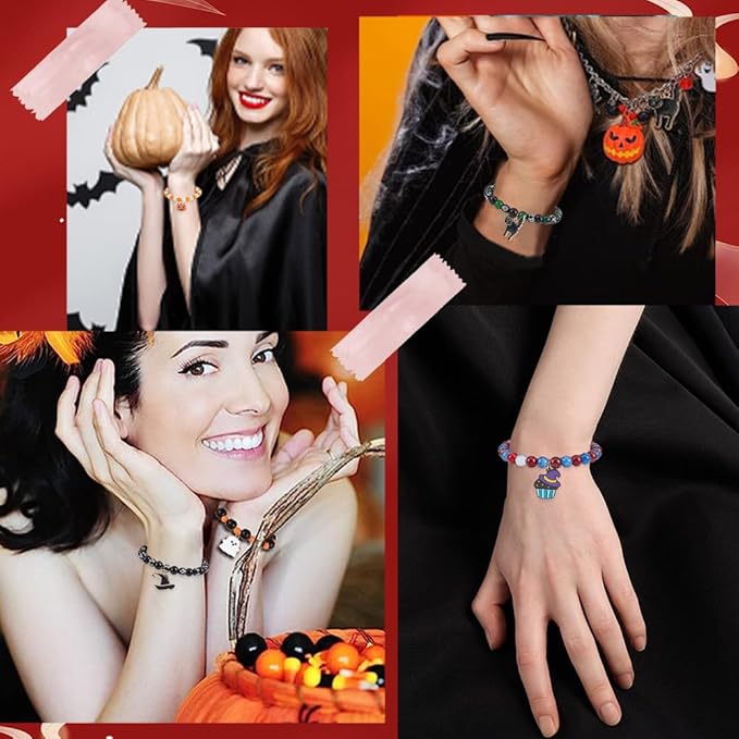 SUNNYCLUE 1 Box 6 Set Halloween Bracelet Making Kit Halloween Bead Magic Witch Hat Charm Pumkin Charms Glass Beads for Jewelry Making Kits Beginners Starter Adults Women Adult