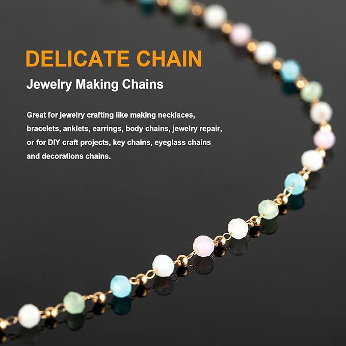 KYUNHOO 5M KC Gold Plated Brass Chains for Jewelry Making Colorful Satellite Bead Chain Bulk with Lobster Claps and Jump Rings Unfinished Jewelry Supply Findings