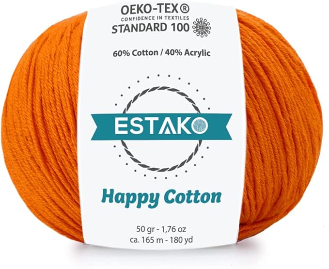 Estako Happy Cotton, 60% Cotton 40% Acrylic Yarn, Soft, Fine/Sport (2) for Crochet and Knitting 1.76 Oz (50g) / 180 Yrds (165m) (4720 - Orange)