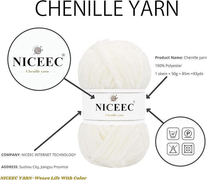 NICEEC 3 Skeins Soft Chenille Yarn Blanket Yarn for Knitting Fancy Yarn for Crochet Weaving DIY Craft Total Length 3×85m (3×93yds, 3×50g)_Cream White