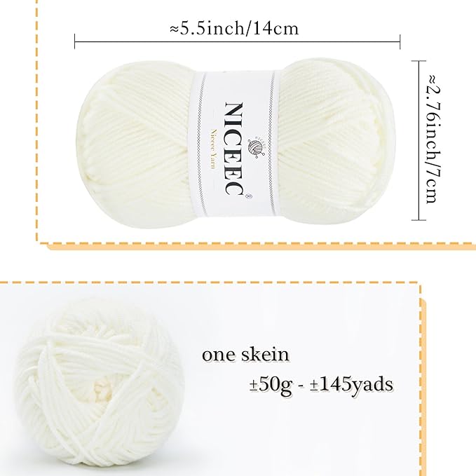 NICEEC 300g Soft Assorted Colors Yarn - Sport Weight,100% Acrylic, 4 Ply, Bonbons Yarn for Crochet & Knit, DIY Project Starter Kit for Kids or Adults(Total 870yds) - White