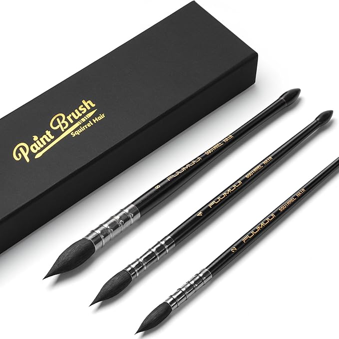3PCS Squirrel Hair Watercolor Brushes, Fuumuui Professional Mop Round Quill Detail Fine Tip Watercolor Paint Brush Set for Water Color Gouache Ink Painting - Sizes #2, 4, 8