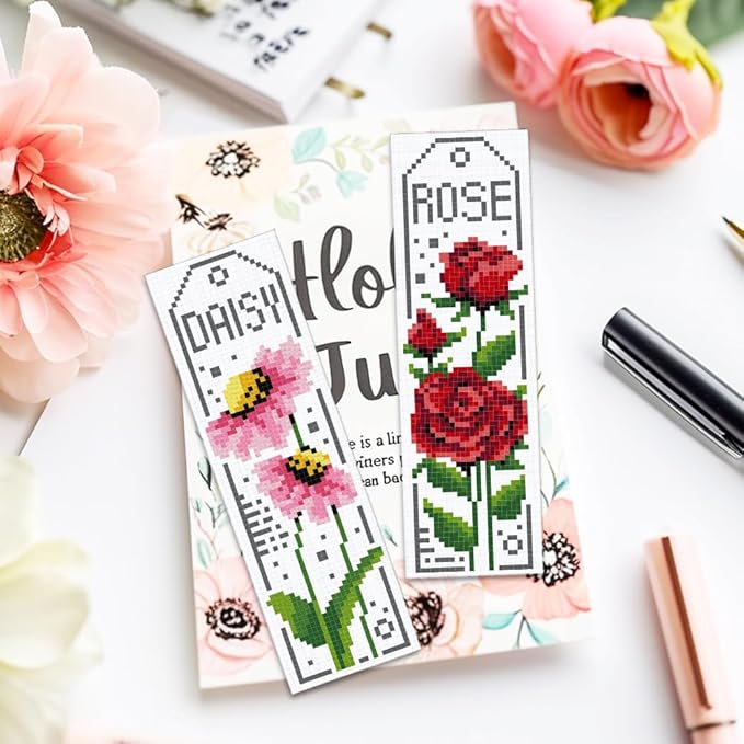 ACRNIGHEET 6PCS Cross Stitch Bookmark Kits for Beginner Flower Crossstitch Kits Adult Rose Daisy Lily Stamped Embroidery Bookmarks with Accessories for Adults Craft Gift 11CT