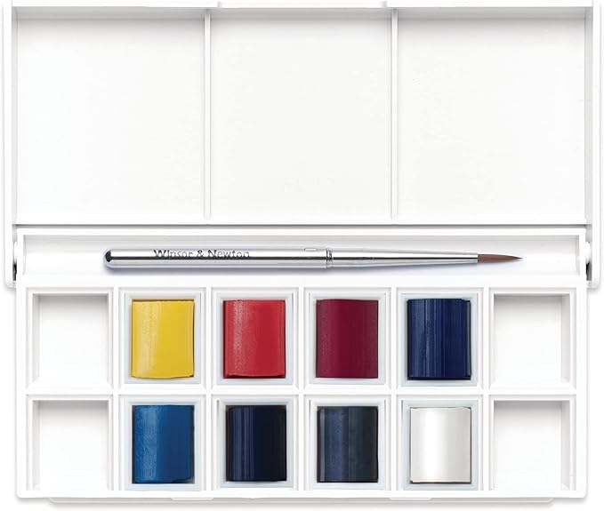 Winsor & Newton Cotman Watercolor Paint Set, 8 Half Pan, Sky Colors w/ Brush
