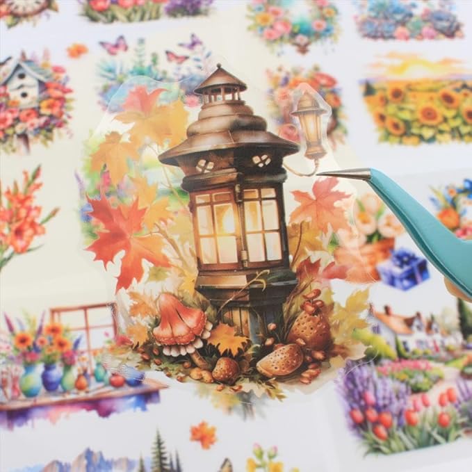 30 Sheets Precut Colorful Garden Landscape Stickers Book for Junk Journal Supplies, Transparent PET Stickers for Journaling, Scrapbooking, Bujo, Collage, Card Making