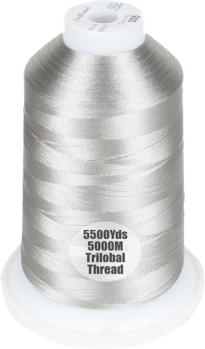 Simthread Trilobal Polyester Thread – 5000M (5500yds) No.40 – Super Sheen, Tangle-Free – Built-in Thread Lock Spool – Compatible with Brother, Singer, Janome & More, Silver-005