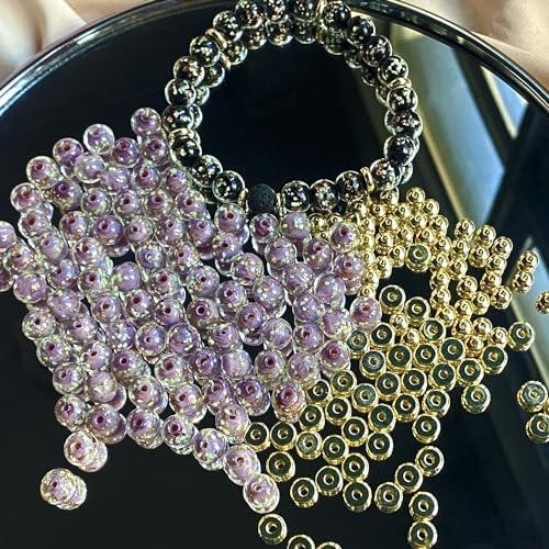 8mm 200pcs Glow in The Dark Glass Beads with Holes for Jewelry Making Bracelets Earrings Necklace Bulk Lampwork Solar Unique DIY Crafts Gold Spacer Beads Kit(100pcs Beads+100pcs Spacer)