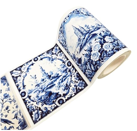 Serenity Fair Washi Tape – Mediterranean Tile Pattern, Extra Wide 4 Inch Scrapbook Supplies for Scrapbooking, Journaling, Stickers, Craft Paper, and DIY Scrapbook Tape Roll (Delft Blue Tiles)