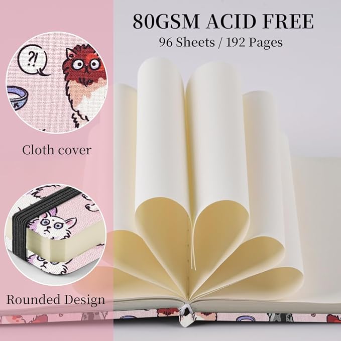 Square 4.8x4.8 inches 80gsm 96sheets/192 Pages Notebooks Blank Sketchbooks Travel Journal Pocket Hardcover Paint Writing Diary Memo Planner Cloth Cover. Pink Cat