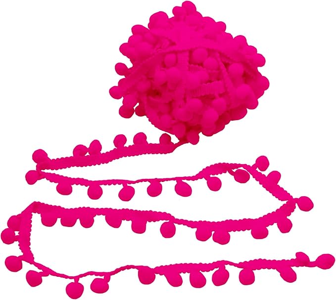 Homiest 10 Yards Pom Pom Trim for Sewing, 1 Inch Wide Hot Pink Ribbon Bundles Textured Fabric Fringe Ribbon, 13mm Ball Pompom Trim for DIY Crafts Curtain Clothes Pillow Home Decoration