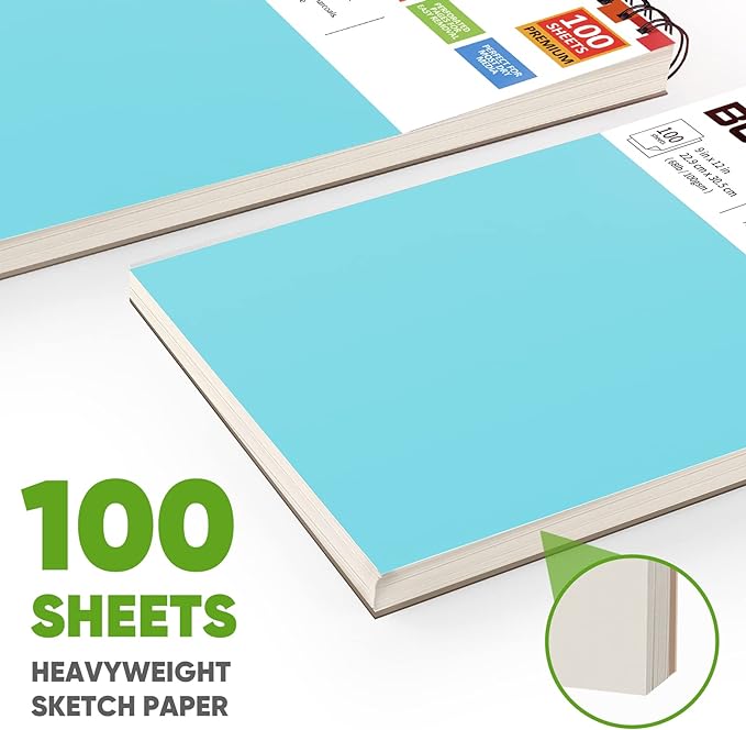 soucolor 9" x 12" spiral bound blank sketch notebook journal book- 1-pack 100 sheets acid-free 68lb/100gsm paper, art sketchbook for painting, doodling, journaling, kids, students, adults, beginners