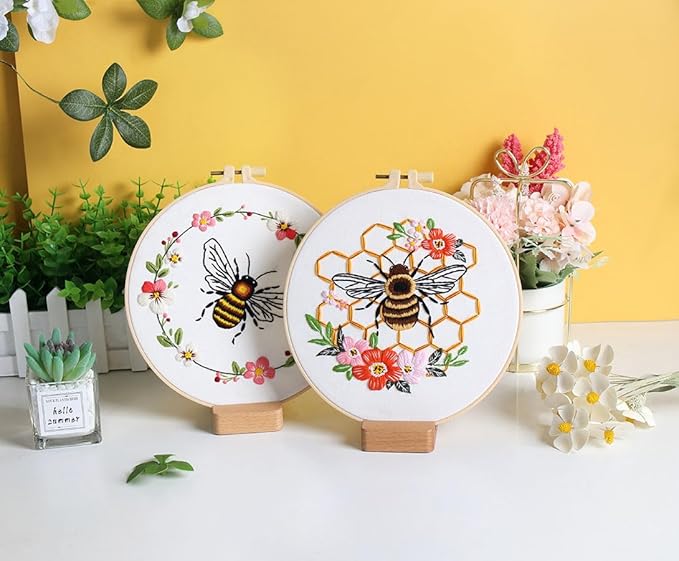 konrisa embroidery kits for adults beginner, european style bees collect honey stamped embroidery starter kit,diy sewing practice, needlepoint cross stitch kit,set of 3