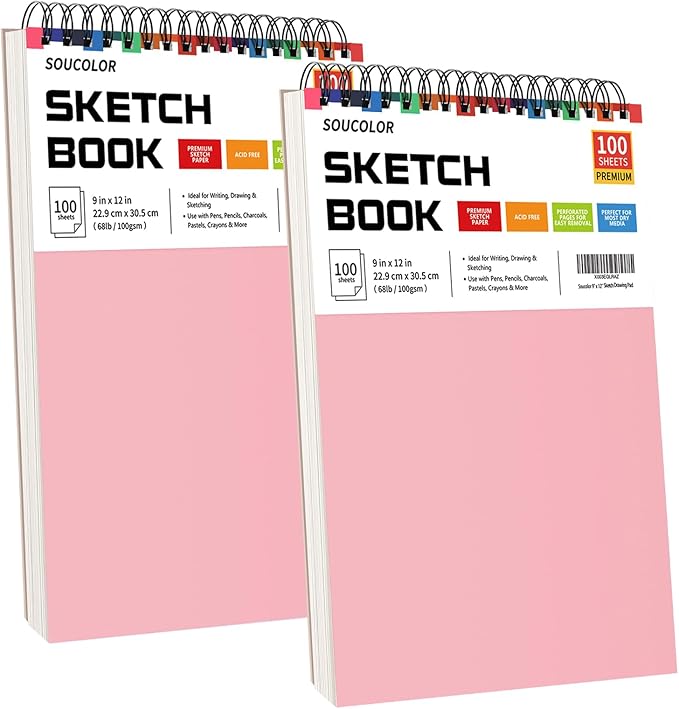 art supply set - sketching & drawing kit, sketchbook art paper for adult artists, soucolor 9" x 12" sketch book, 2-pack 100 sheets spiral bound sketchbook, acid free