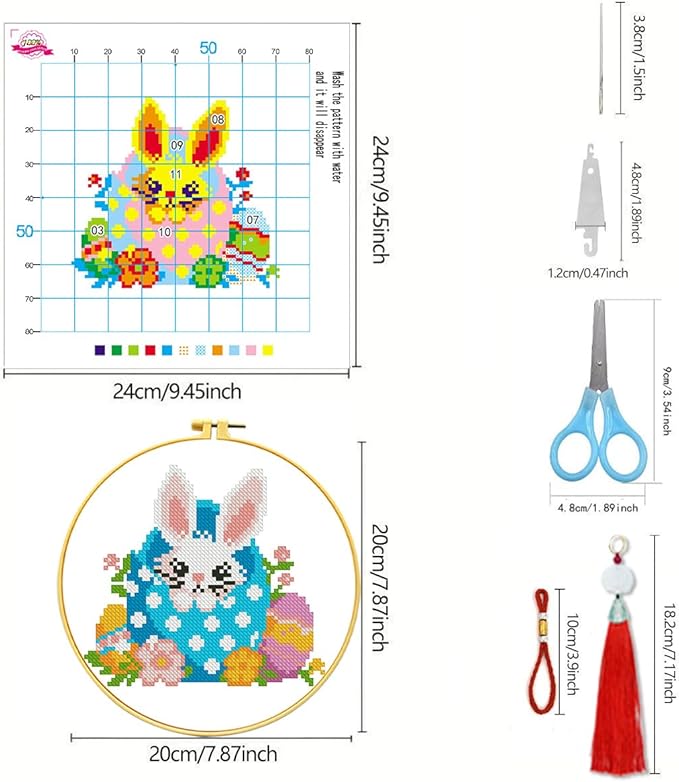 Zhenging Easter Cross Stitch Kit with 4 Bunny & EggPatterns -9.45x9.45 Inch Hoop, Pre-Printed Fabric,Threads, Tools -DlY Easter Craft Gift for Adults, HomeDecor