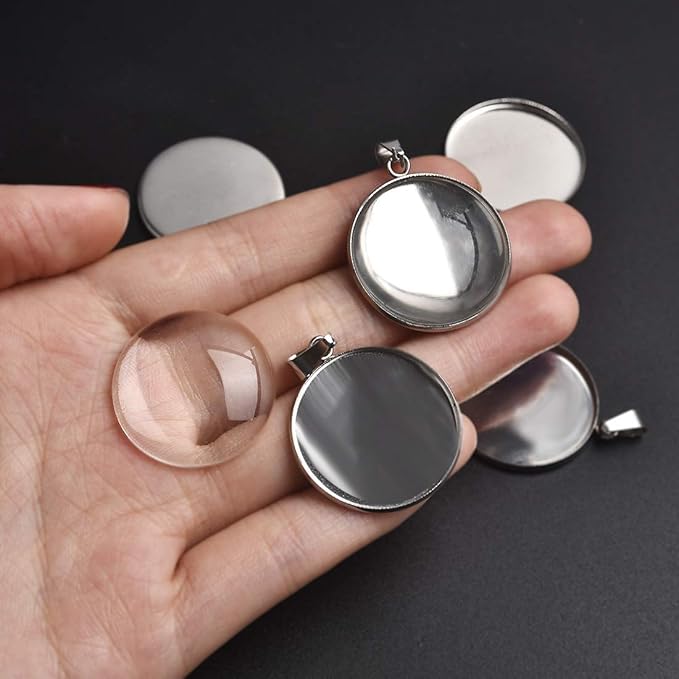 DROLE 60Pcs 25mm Stainless Steel Cabochon Tray Kit-30Pcs Bezel Pendant Blanks with Pinch Clip Clasp and 30Pcs 25mm Round Glass Cabochons for Jewelry Making DIY Crafts