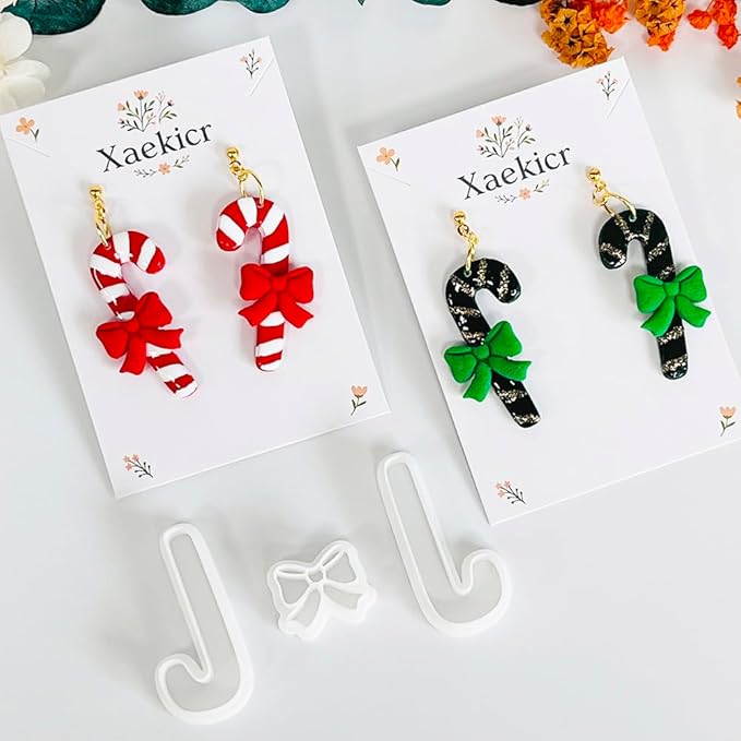 Xaekicr Christmas Candy Cane Polymer Clay Cutters – 3pcs Holiday Clay Earring Cutters Set for DIY Jewelry Making, Cute Bow and Candy Shapes, Clay Tools and Polymer Clay Molds