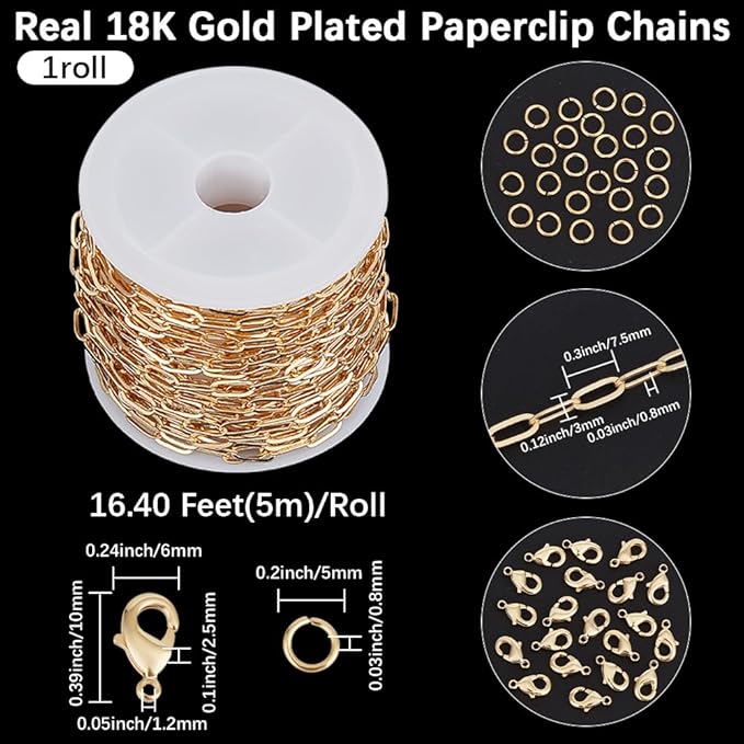 Beebeecraft 1 Roll 16.4 Feet/5m Paperclip Chain for Jewelry Making 18K Gold Plated Brass Cable Chain with 10Pcs Lobster Clasp 50Pcs Open Jump Ring for Necklace Bracelet Making Kits DIY Crafts