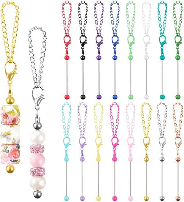 16PCS Beadable Keychain Bar Bulk, Metal Blank Beaded Keychain Bar for Beads DIY Crafts Charms Jewelry Making Supplies